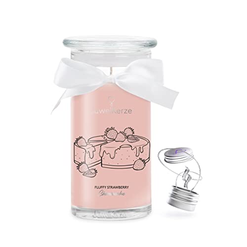 JuwelKerze Fluffy Strawberry Cheesecake Halskette Silber - Schmuckkerze 80 Std - große Duftkerze mit Gourmandem Duft - hellrosae Kerze mit Schmuck Überraschung - Geschenke für Frauen Geburtstag