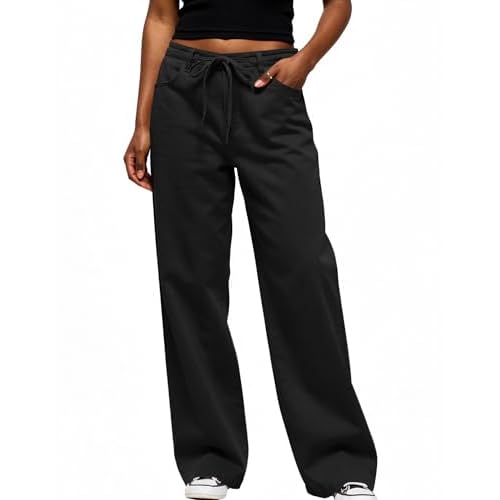 Rapbin Wide Leg Pants for Women Chino Low Rise Y2K Trousers with Belt Loop Drawstring Deep Pockets Spring 2026 Black Medium