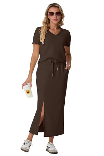 Image of GRECERELLE Women Summer Casual 2 Piece Sets V-Neck Wrinkle-Free Top & Elastic Waist Midi Side Slit Skirt with Pockets