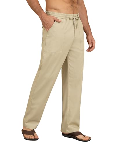 Mens Linen Pants Casual Elastic Waist Drawstring Pants Loose Straight Linen Pant Beach Trousers with 4 Pockets2