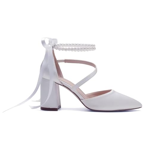 Image of Block Heel Wedding Shoes for Bride Closed Toe Pearl Bridal Shoes Wedding Chunky Heels