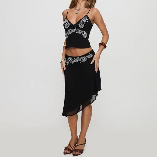 Women 2 Piece Outfit Midi-length Skirt Set Boho Floral Print Crop Cami Sheer Mesh Irregular Midi Skirt2