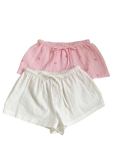 Image of MakeMeChic Women's 2 Pack Linen Shorts Striped Gingham Boxer Shorts | Summer, Beach Shorts, Cover Up, Pajama, Lounge