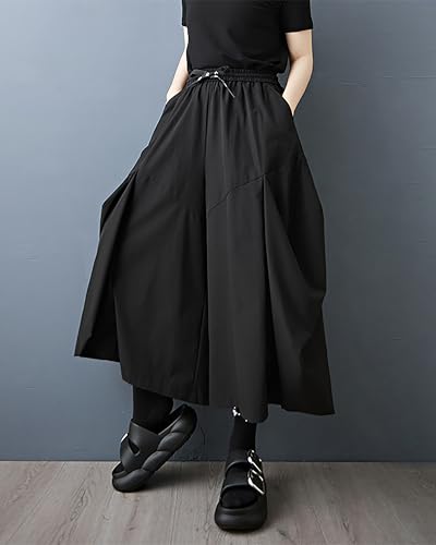 ellazhu Women's Pants Solid Elastic Waist Drawstring Two Side Pockets Plus Size Wide Leg Casual Loose Fashion GZ575 A3