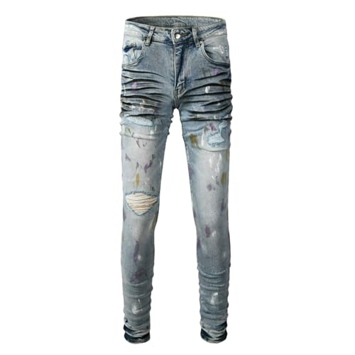 Jeans Pants Trouser Denim Street Trendy Worn Holes Spray Painting Graffiti Retro Elastic Tight Tassel Wrinkle Punch Casual Washed Blue Small Leg Men(Light Blue,29)