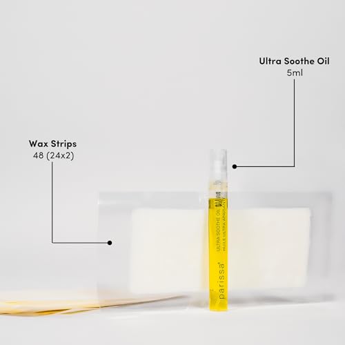 Parissa Natural Legs & Body Wax Strips | Large Ready-to-Use Strips, Beginner-Friendly & Gentle on Sensitive Skin | Includes Post-Wax Ultra Soothe Oil | 48 Strips (24 x 2)