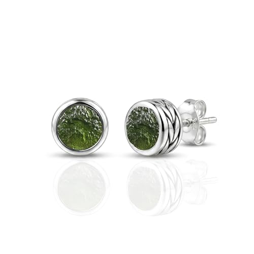 LAJARA JEWELS Genuine Moldavite Stud Earrings 925 Sterling Silver Handmade Jewelry 4/6/8 MM Real Czech Moldavite Crystal Stud Earrings Gift for Him/Her (8MM)
