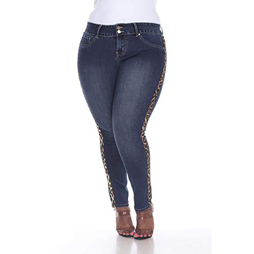 white mark Women's Plus Size Super Stretch 3 Pocket Denim with Leopard Pannel Pants