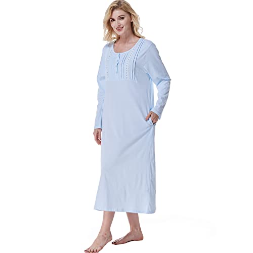 Keyocean Women Nightgowns With Pockets, Soft All Cotton Knit Lightweight Long Sleeve Ladies House Dress, Light Blue, Xx-Large (Xxl) #TOP7