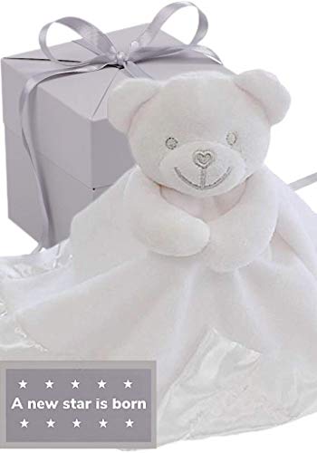 BUSHBABY ‘A New Star is Born' New Baby Comforter Blanket in Gift Box, Plush Animal Teddy Bear Soft Toy for Newborn Girls Boys (Neutral/Unisex White)