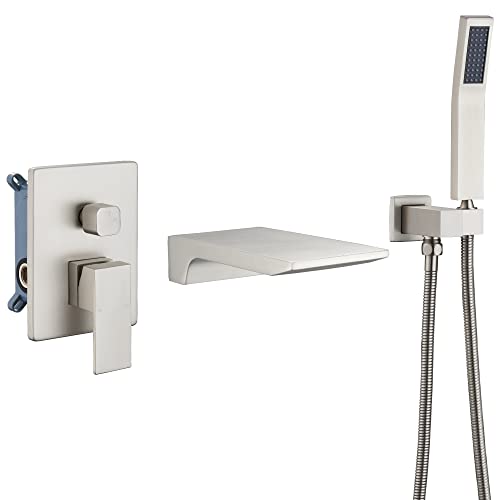 Dasan Waterfall Tub Filler Faucet Wall Mount With Hand Shower, Modern Wall Mounted Bathtub Faucet Brushed Nickel Tub Faucet With High Flow Rough In Valve, Sa-Tf01Wh-Bn #TOP9