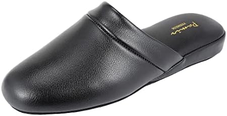 PAMIR Men's Genuine Leather Scuff Slippers with Memory Foam Insole and Leather Outsole Size US 12 Wide Width Black