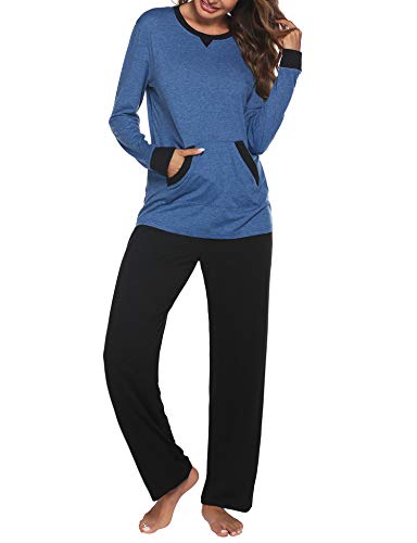 Ekouaer Women's Pj Set Sleepwear Two Piece Pajamas Tops with Long Sleep Pants Pjs Loungewear with Pocket S-XXL Blue