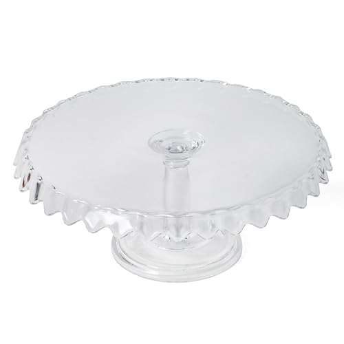 Image of Martha Stewart Watercrest Glass Cake Stand, 10.2 Inch Footed Pedestal Cake Plate with Scalloped Ruffled Edge, Clear Handmade Glassware for Weddings, Parties, and Dessert Display