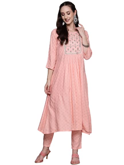 Image of anubhutee Women's Rayon Peach Gota Patti work Floral Embroidered A-Line Kurta Suit Set with Pants