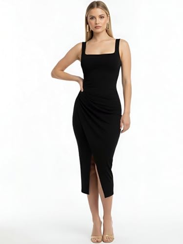 Image of Women's Sleeveless Midi Dress, Square Neck, Ruched Side, Bodycon Style with Slit