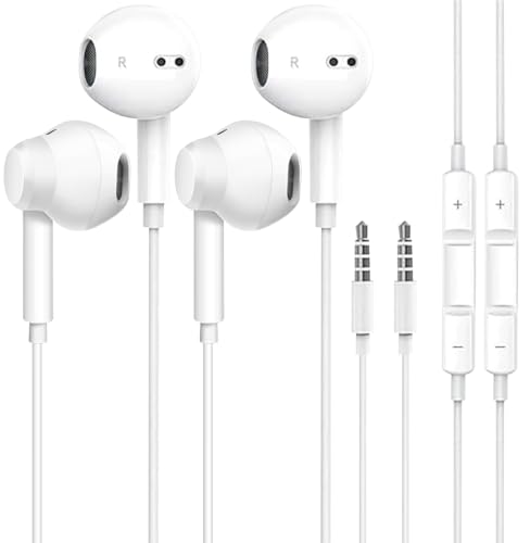 2Pack Wired Earbuds, with Microphone and Volume Control,3.5mm in-Ear Earphones/Headphones/Headset with Noise cancelling and Deep bass Compatible with iPhone/iPad/ tablet/Android/Laptops/PC (White)