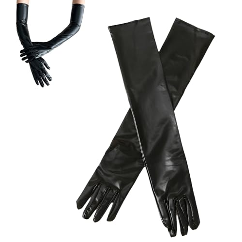 Lange Handschuhe Damen Schwarz – Elegante Abendhandschuhe mit Leder-Optik für Ball, Cocktail, Party & Cosplay – Glatte Oberfläche, Knitterfrei & Hautfreundlich