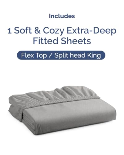 Image of Extra Deep Flex Top Split Head King Fitted Sheet - Hotel Luxury Single Fitted Sheet Only - Easily Fits 18 inch to 24 inch Mattress - Ultra Soft, Wrinkle Free w /Extra Deep Pockets - Heathered Grey