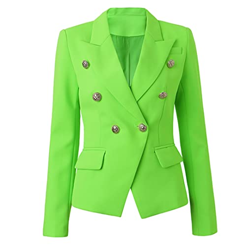 Elegant Women Gold Buttons Double Breasted Bodycon Fluorescent Green Female Blazer2