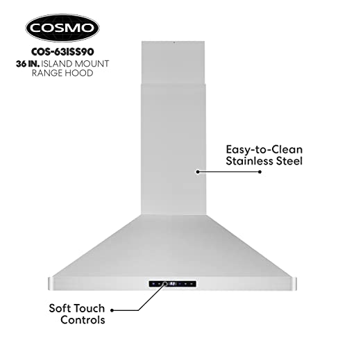 Cosmo Cos-63Iss90 Island Range Hood With 3-Speed Fan, 380 Cfm, Permanent Filters, Led Lights, Soft Touch Controls, Ducted Kitchen Vent Hood Extractor, 36 Inch, Stainless Steel #TOP7