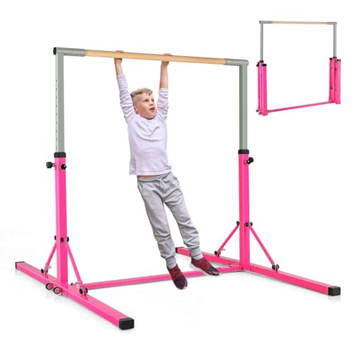 COSTWAY Foldable Gymnastics Bar, 90-150cm Height Adjustable Training Bar with Easy Moving Wheels and Non-slip Feet, Home Gym Equipment for Kids Juniors, 100kg Weight Capacity (Pink)