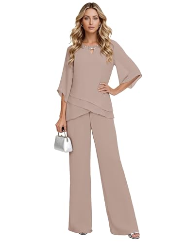 Taupe Half Sleeve Mother of Bride Pant Suits 2 Pieces Chiffon Pantsuit for Women Sparkly Sequin Fluffy Tiered Formal Pant Suit Wedding Guest Outfits Taupe 8