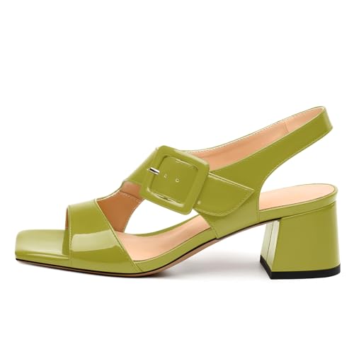 Womens Heeled Sandals Shoes, Square Peep Toe Mid Block Heel Ankle Strap Sandals for Women, Leather Insole Chunky Heel Sandals with Buckle 2"2