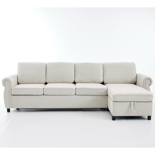 Image of ERYE L-Shaped Reversible Sectional Sofa with Pull Out Queen Memory Mattress Sleeper Bed, 2-in-1 L-Shaped Corner Sectional Couches W /Wireless Charging, Storage Chaise Lounge