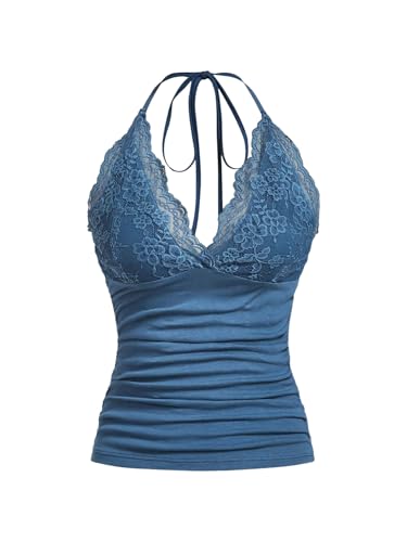 Image of GORGLITTER Women's Lace Deep V Neck Ruched Halter Tops Tie Backless Sexy Skinny Party Tops Dusty Blue Large
