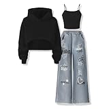 Voxikidio Size 9 10 Years Girls 3PCS Fashion Outfits Set Cropped Hoodie Sweatshirt Cami Top Printed Jeans Fall Winter Clothing Set Black(9-10