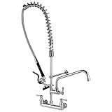 OIERZIN Commercial Faucet Wall Mount with Sprayer 36' Height, 8 Inch Center Brass Constructed Wall Mount Kitchen Sink Commercial Faucet with Pull Down Pre Rinse Sprayer and 12' Add-on Spout