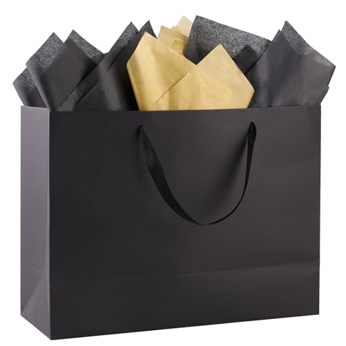 Addblu 3 Pack Extra Large Black Gift Bags with Handles - Includes 9 Tissue Papers 16x6x12 Inches for Men Birthday Party Wedding Shopping Business Easter Holidays Fathers Day Mothers Day (Extra Large - 3Pcs)