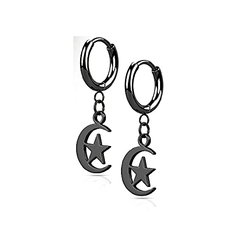 Pierced Owl 18Ga Hinged Hoops With Crescent Moon And Star Dangle 316L Surgical Stainless Steel Hoop Earrings, Sold As A Pair (Black) #TOP9