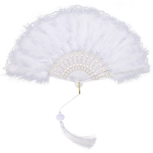 MWOOT Blanco Marabú Abanico Plumas, 1920s Mano Abanico de Plumas,20s Antiguo Ventilador Mano para Traje Víspera Todos Santos Espectáculo Baile Fiesta Té Boda Decoración