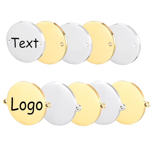 Cring Coco 20-200pcs Custom Logo Laser Engraved Tags with 2 Holes,Personalized Round Engraving Logo/Text,Stainless Steel Bracelet Necklace Earring DIY Jewelry Making,10-30mm Diameter