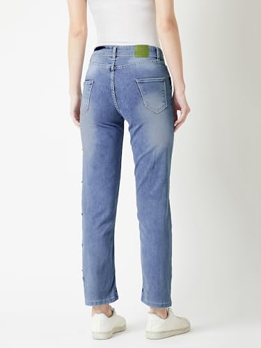 Image of Miss Chase Women's Skinny High Rise Cropped Fringed Hemline Detailing Stretchable Denim Jeans