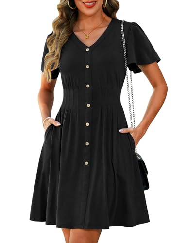 Zattcas Spring Summer Dresses for Women 2026 Elegant Classy Short Sleeve V Neck Business Casual Work Teacher Outfits Church Beach Travel Vacation Button Down Mini Dress with Pockets Black M