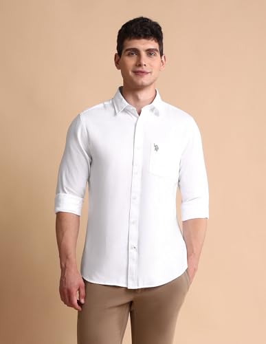 Image of U.S. Polo ASSN. Solid Tailored Fit Shirt for Men - 100% Cotton, Breathable & Comfortable, Full Sleeves Casual Shirt for Men