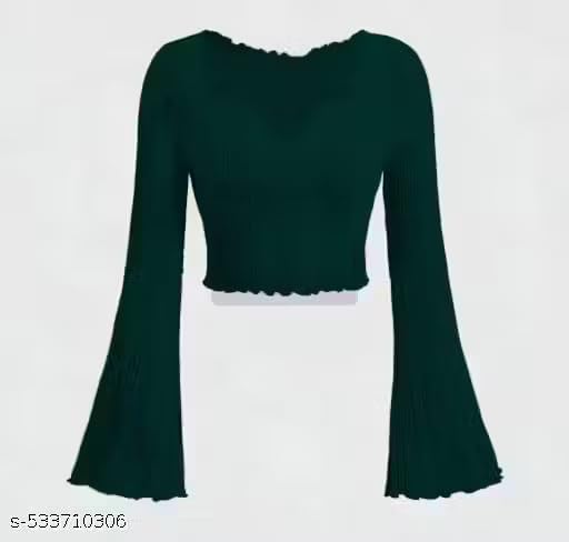 Image of V-Neck Notched Flared Sleeve Top for Women | Stylish Polyester Long Sleeve Blouse for Casual Wear 450