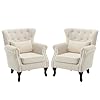 Kcc living room accent chair mid century modern reading arm chair for bedroom set of 2 upholstered club chair single sofa chair with tufted back rubber wood legs and lumbar pillow beige  urban country home decor