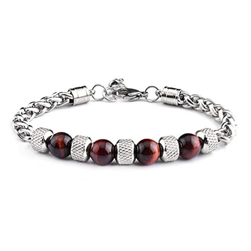 MENGLINA Fashion Women Men Charm 8MM Natural Stone Strand Bracelets Stainless Steel Link Chain Bangles Tiger eye Beaded Yoga Bracelet Male Jewelry (Red Tiger Eye)