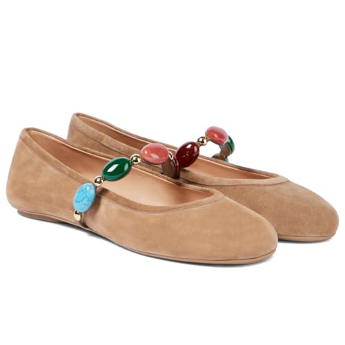 Suede Ballet Flats Round Toe Mary Jane Shoes Elegant Rhinestone Ballerina Shoes Summer Comfort Work Flats