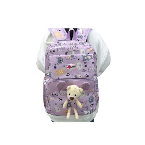 Mochila Escolar Menina Menino Com Urso Impermeável Viagem Passeio Grande capacidade (Lilás)
