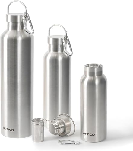 wenco Trinkflasche Edelstahl 1l / 1000ml isoliert und auslaufsicher für kalte und heiße Getränke auch als Thermoskanne verwendbar – mit Teesieb – BPA frei – silber