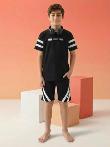 Image of Li'l Tomatoes Boys 100% Cotton Night Suit Set | Half Sleeve T-Shirt & Shorts | Color Block & Typography Print | Soft & Breathable Sleepwear | Casual Summer Wear | 9-16 Years