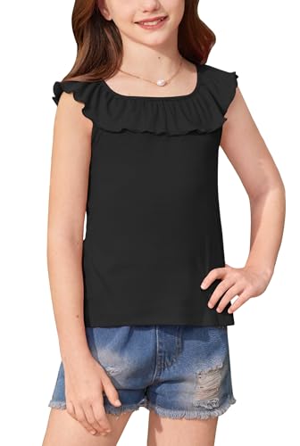 BesserBay Girls Summer Ruffle Trim Square Neck Knit Ribbed Tank Top Cute Strechy Sleeveless Trendy Tee Shirt 5-14 Years