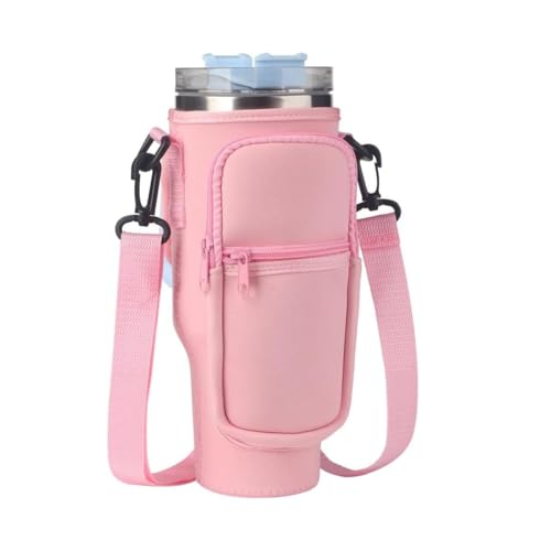 Bolsa Porta Garrafa, Squeeze, Copo Térmico Com Alça Ajustável Shoulder Bag com bolso para celular, de neoprene, com alça ajustável, tampa para canudo e mosquetão (Rosa)
