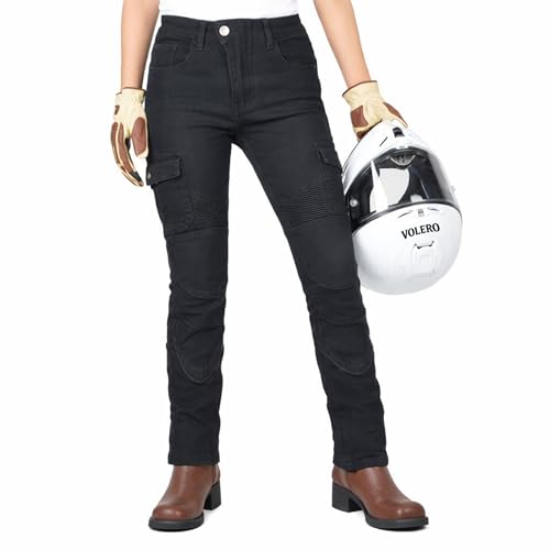 VOLEROWomens Motorcycle Riding Jeans with Armor Stretch Denim Moto Pants Protective Riding Pants for Street & Commuting (Black Large)