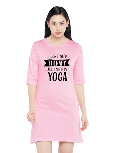 Image of STATUS MANTRA Women's Long T-Shirt Dress - Cotton Casual Knee Length Dress with 3 /4 Sleeves | Soft Bio-Washed Fabric, Crew Neck, Relaxed Fit | Comfy Summer Lounge Wear